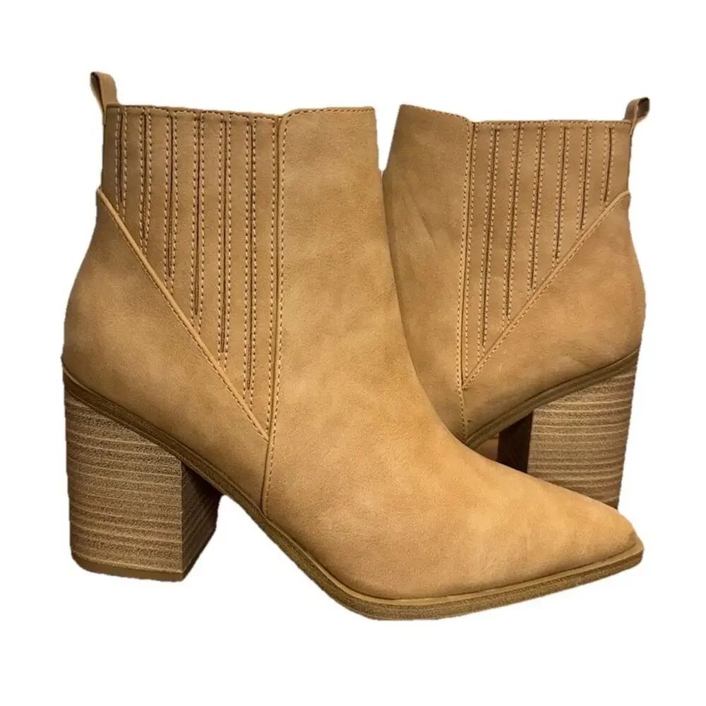 Soda Tan Ankle Booties Womens 8.5 M Chestnut Pointed Toe Cowgirl Faux Leather